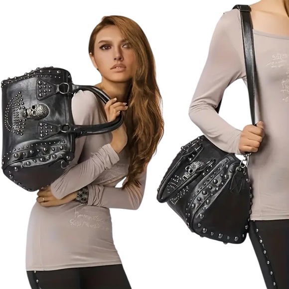 🆕 Black Punk Skull & Rivets Boston Shoulder Bag, Y2K - Steampunk Style Handbag - Picture 4 of 12